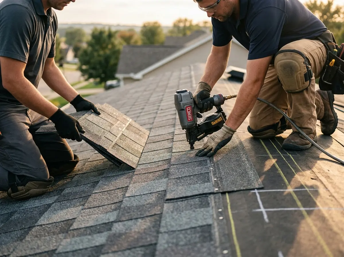 Professional roofer working on a residential roof in Rowley